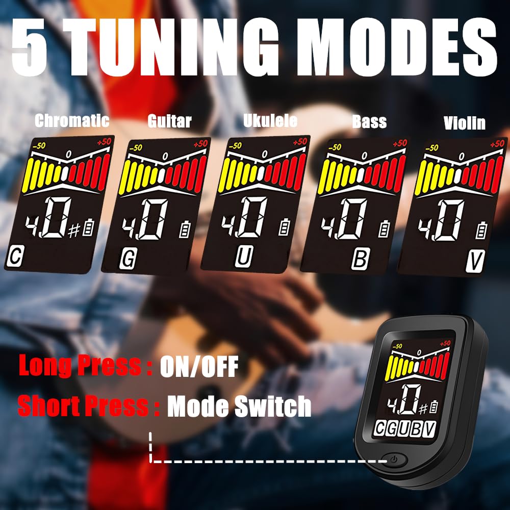 CANTUS Rechargeable Guitar Tuner, Clip on Tuner with Guitar Bass Ukulele Violin Chromatic Tuning Modes (Black) - Image 4