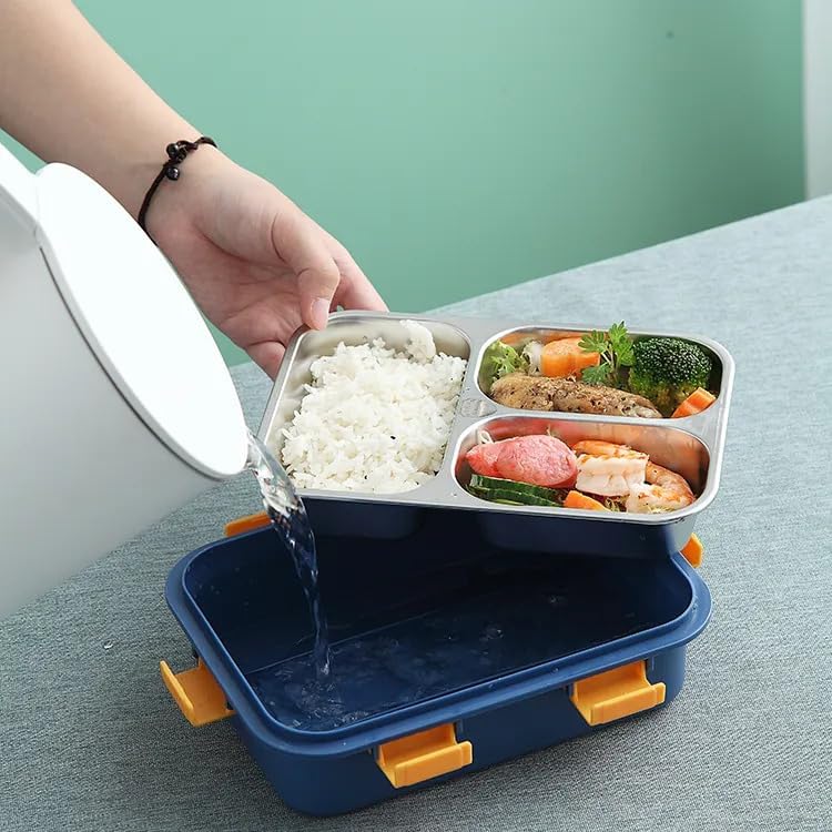 Image of MOMITTLE Lunch Box 3 Compartment Leak-Proof BPA Free Stainless Steel, Lunch Box for Kids, Lunch Box for School & Office with a Fork, a Spoon and a Pair of Chopsticks (Blue), 750 ml