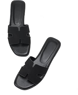 Women's Suede Flat Sandals Open Toe Slip on Sandals Comfort Black Slide Sandals for Women with Memory Foam