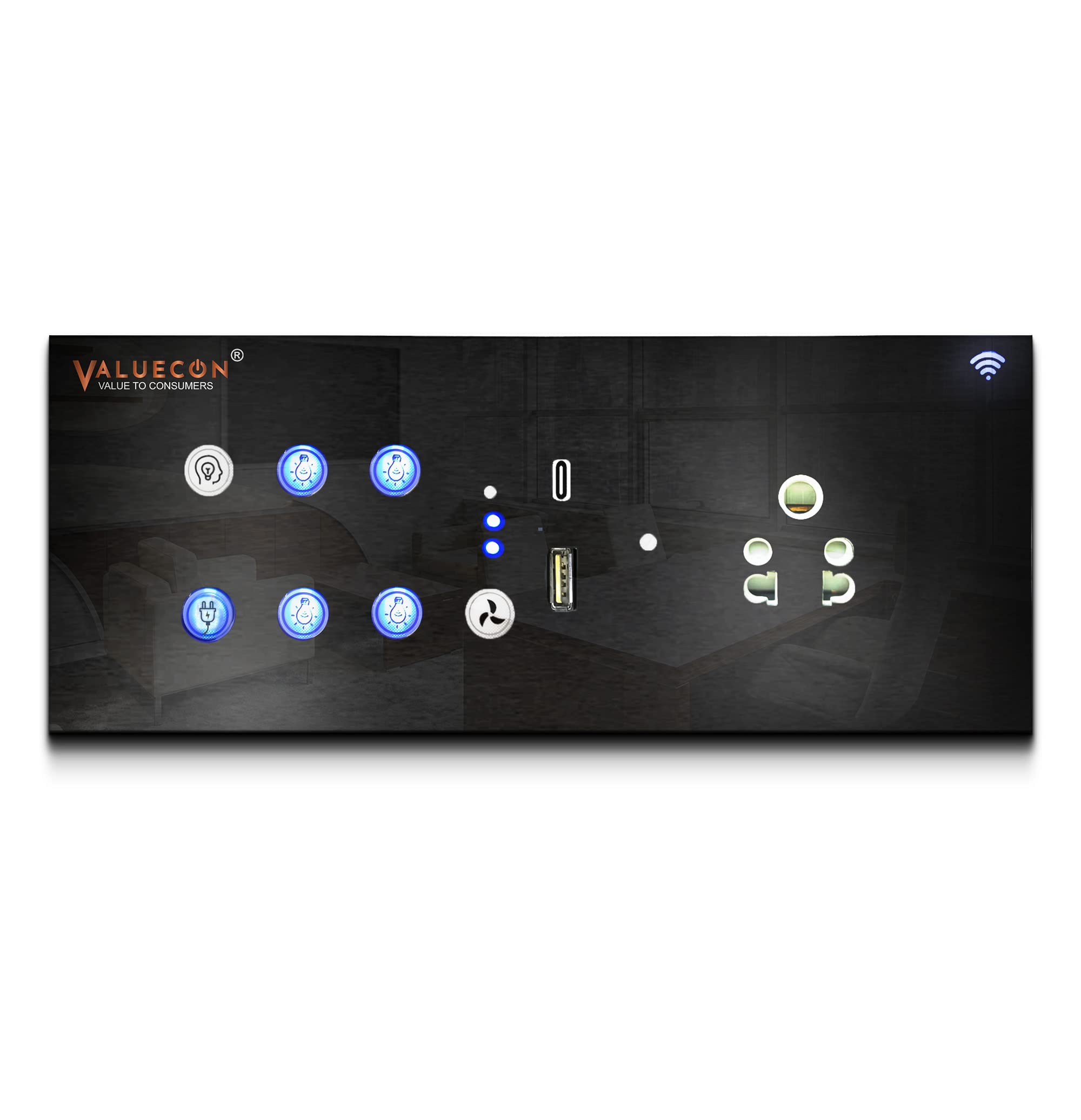 VALUECON i380 Smart Wifi Switchboard with 4 Load,1 Fan,1 Universal Socket, 2 Fast Charge Ports USB-C & USB-A | IoT-enabled, Voice-controlled by Alexa, Google Home, Google Assistant | Home Automation Solution. (Mirror Black)