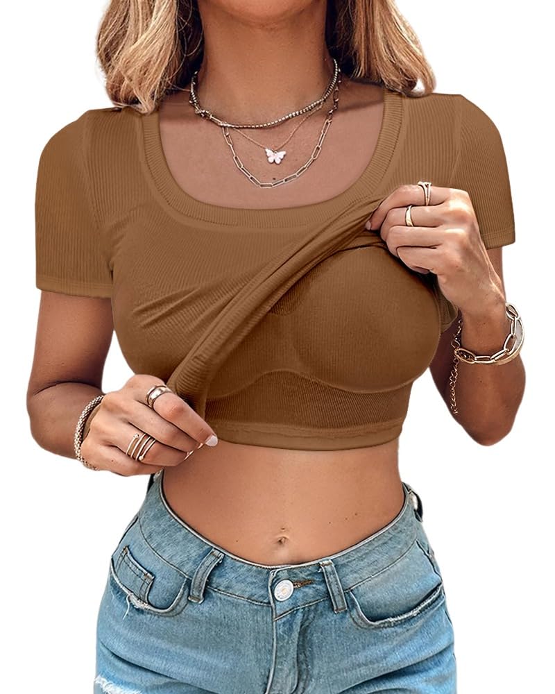 CHICME Women Built-in Bra T Shirt Top Short Sleeve Square Neck Basic Tees