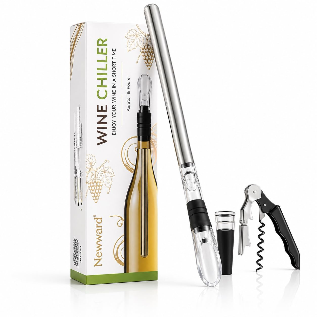 Iceless Wine Chiller, 3-in-1 Stainless Steel Wine Bottle Cooler Stick with Aerator and Pourer - Includes a Waiter's Corkscrew and Stopper