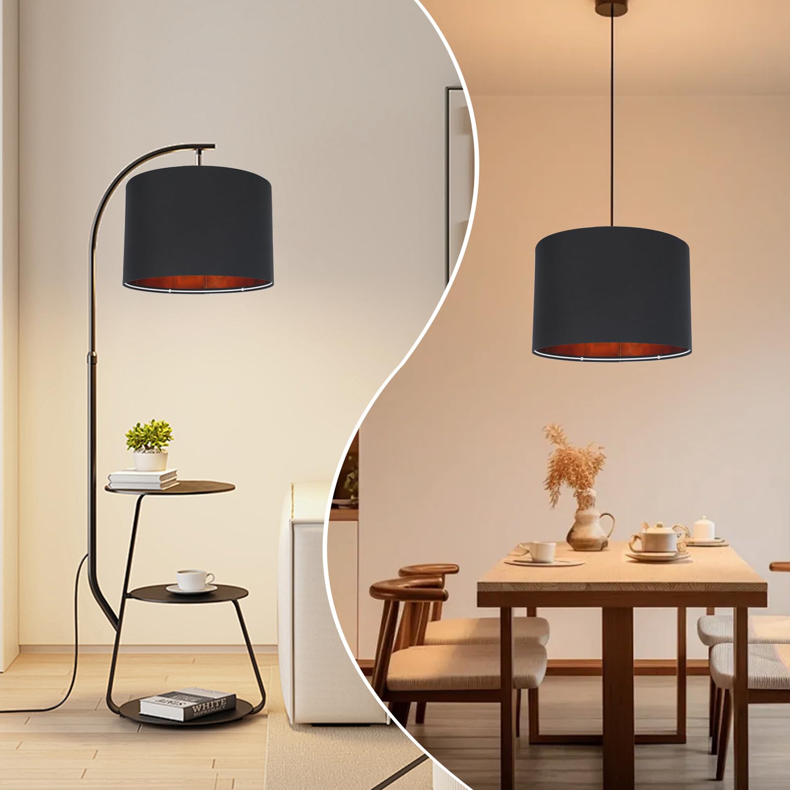 Klosz lampy okrągły, materiał na lampę stołową, lampy wiszące, lampy stojące, do oprawy E14, E27, lniany abażur do salonu i sypialni (czarny + złoty)