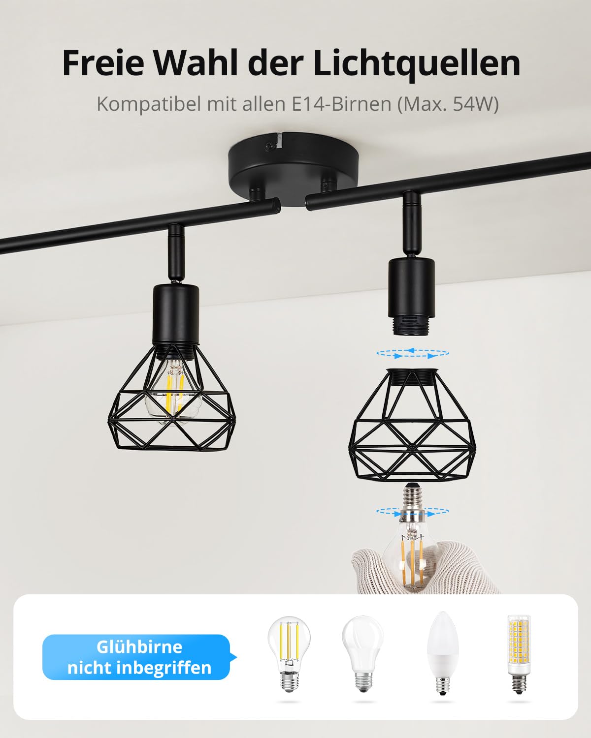 Gr4tec Deckenlampe Schwarz, Deckenstrahler 4 Flammig E14, Ohne Leuchtmittel | Deckenleuchte Strahler Vintage Industrial, Metall Deckenspot Innen, Schwenkbar Küchenlampe Wohnzimmerlampe Flurlampe Decke