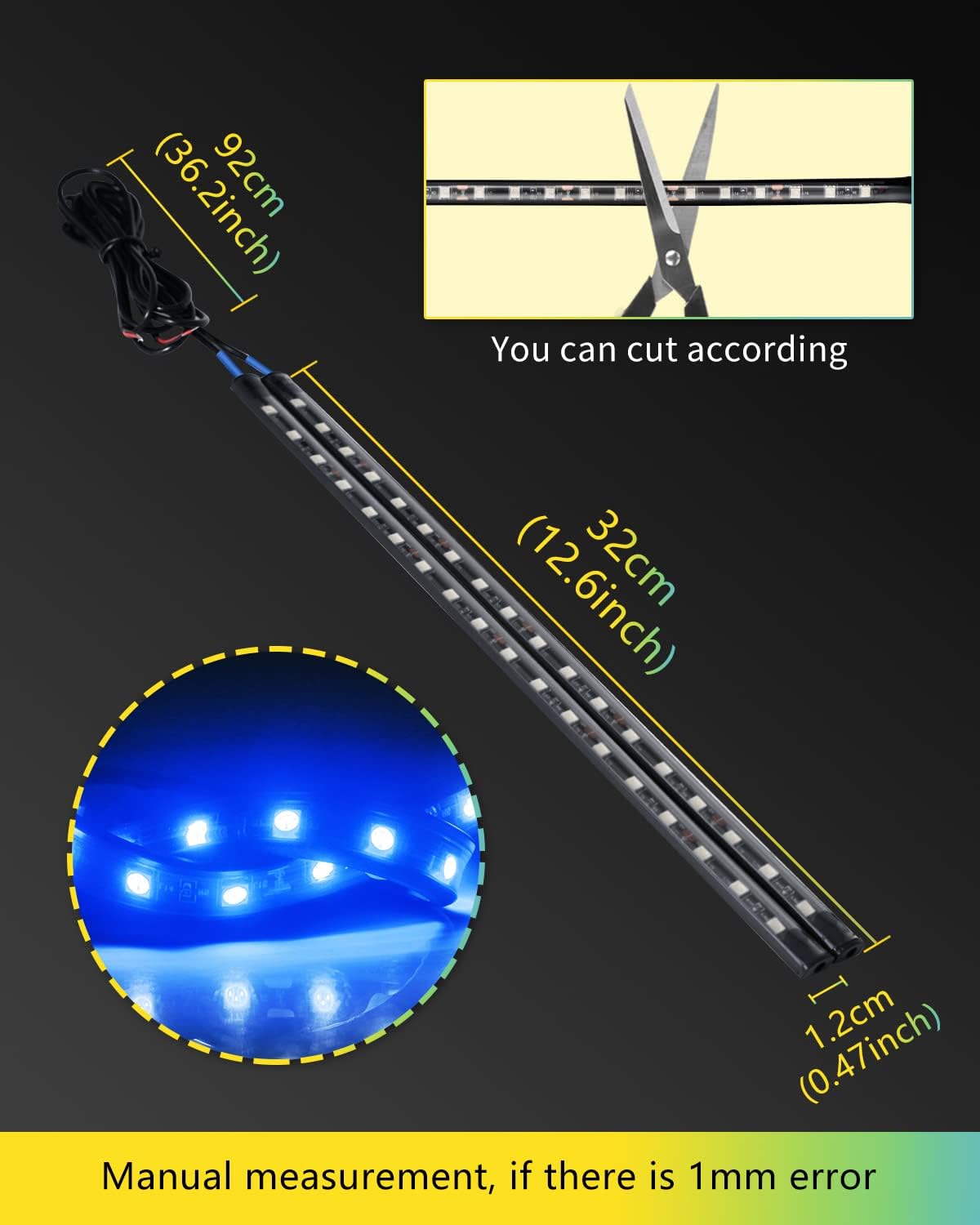 YONGMING Atmosphere Motorcycle Led Lights Strips 32CM 12V Underglow Under Dash Underbody Lights for SUV,Car,RV,ATV,Bike,Boat，Courtyard， Scenic Spot，PACK of 2(Blue)