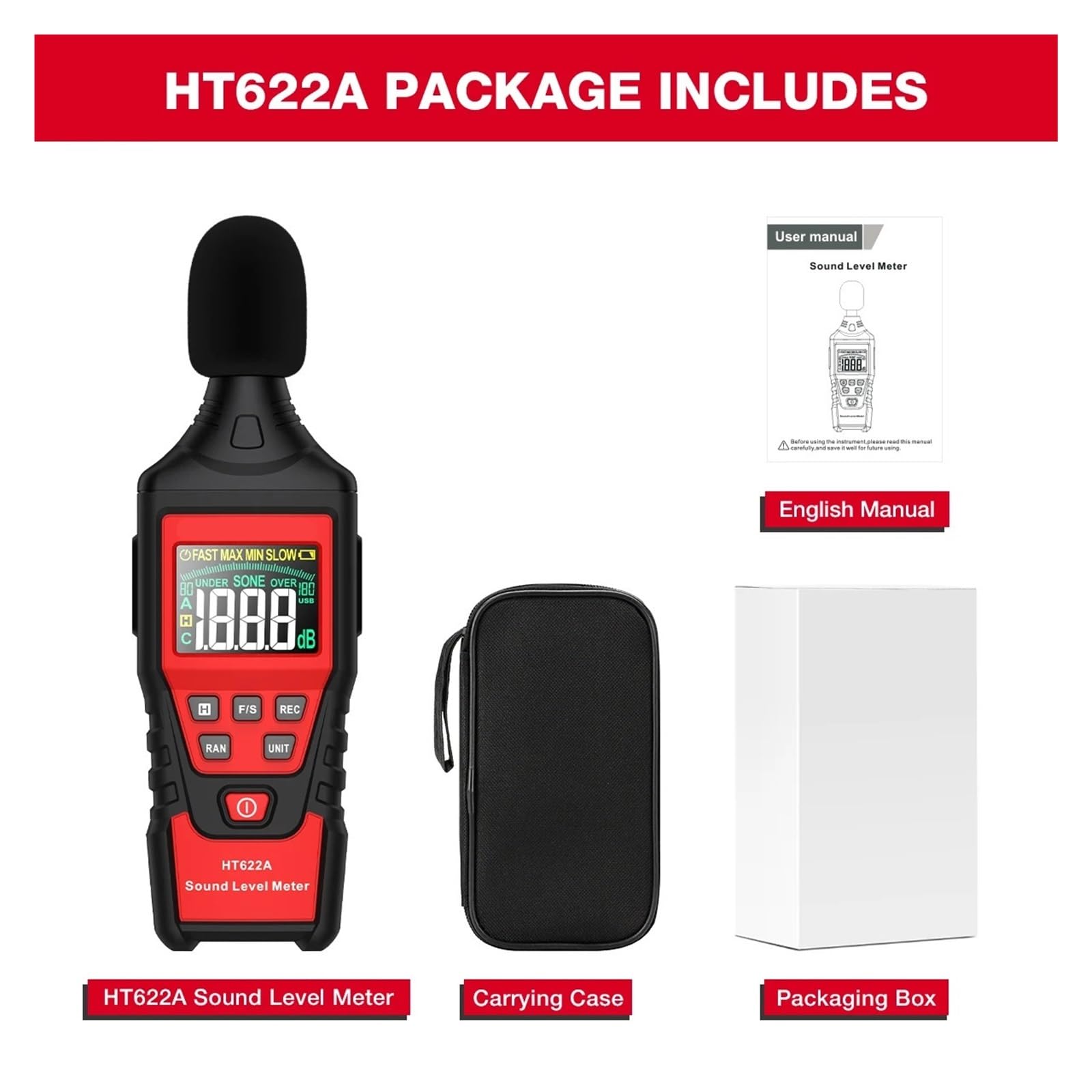 HT622 Registratore Digitale del Livello sonoro 30-130dB Misuratore di Rumore di Fabbrica Misuratore di Decibel (Ht622a)