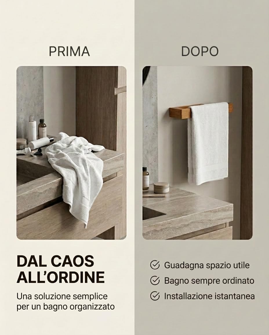 Porta Asciugamani Bagno Bambù Naturale 30cm Adesivo Extra Forte Resistente all'Umidità