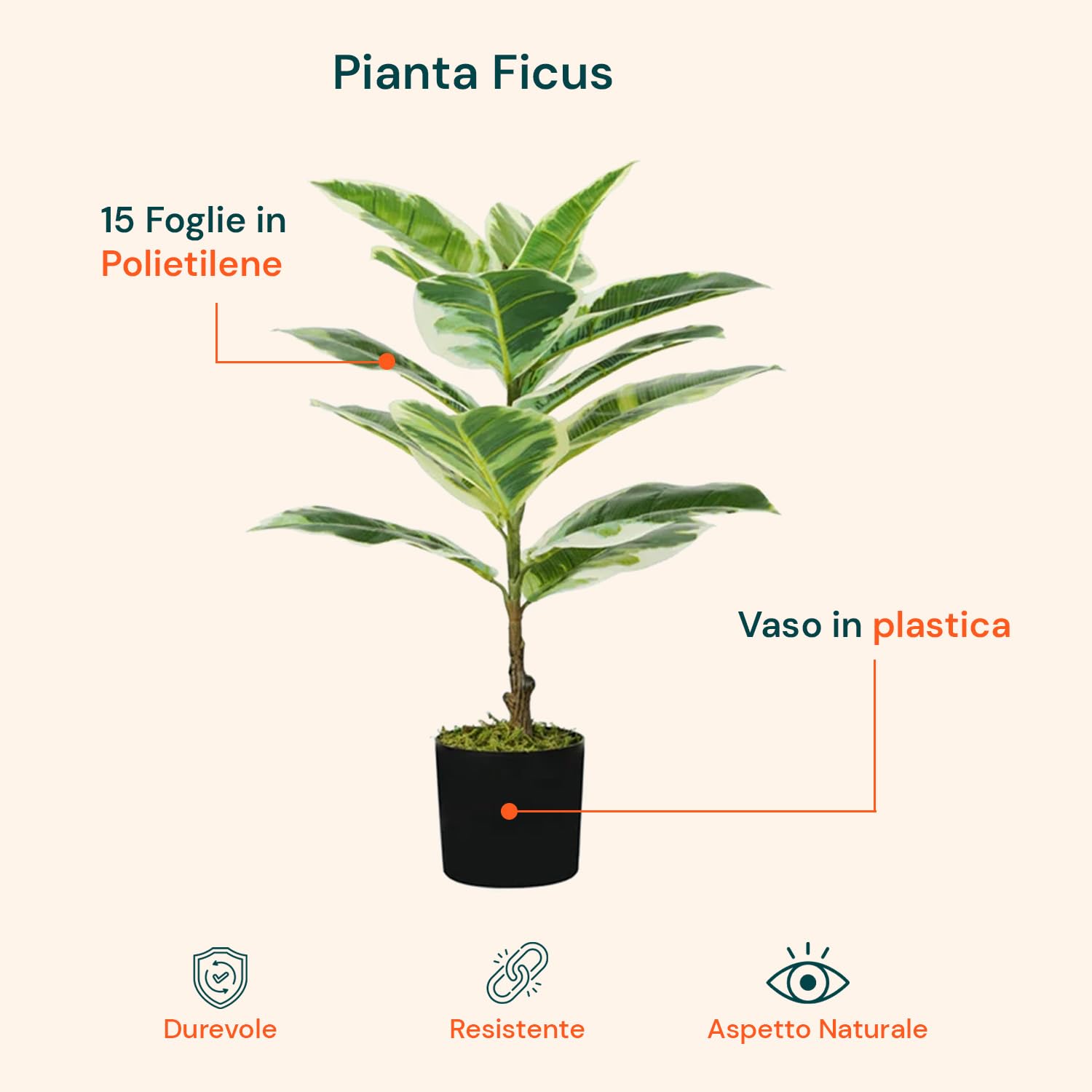 Wintem Pianta di Ficus Elastica Artificiale in Polietilene con 15 Foglie, 65 cm, Vaso con Muschio, Pianta Decorativa da Interno
