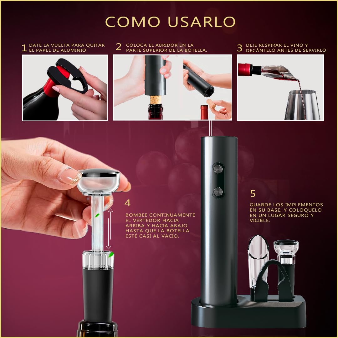 Sacacorchos eléctrico profesional con cortacápsulas, aireador y vertedor, Abridor de vino con base elegante, Regalos originales para hombre cumpleaños, Navidad o San Valentín, funciona con 4 pilas AA