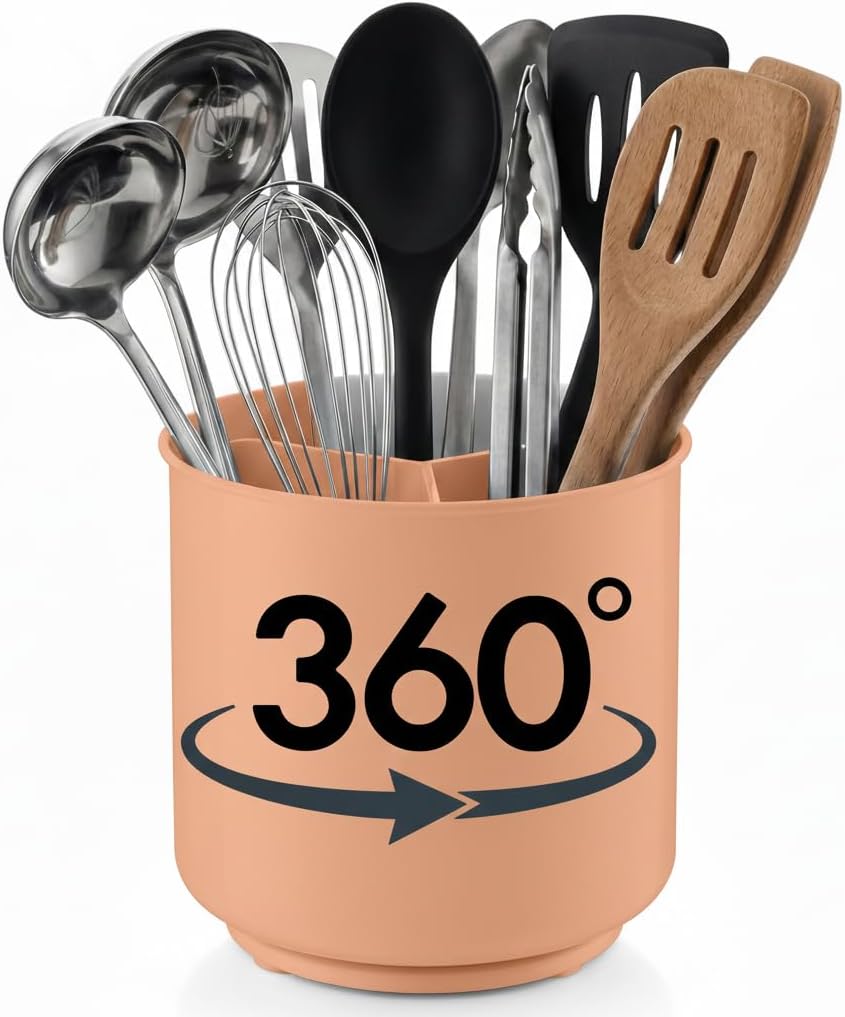 Cooler Kitchen Jumbo Rotating XL Peach Plastic Utensil Holder Caddy with Sturdy No-Tip Weighted Base, Removable Divider, and Gripped Insert - Dishwasher Safe Kitchen Utensil Holder for Countertop