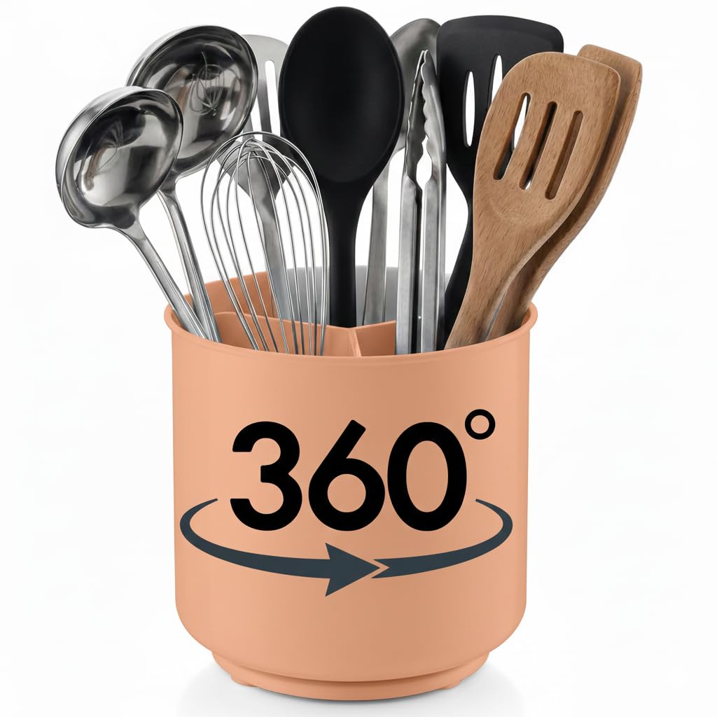 Cooler Kitchen Jumbo Rotating XL Peach Plastic Utensil Holder Caddy with Sturdy No-Tip Weighted Base, Removable Divider, and Gripped Insert - Dishwasher Safe Kitchen Utensil Holder for Countertop