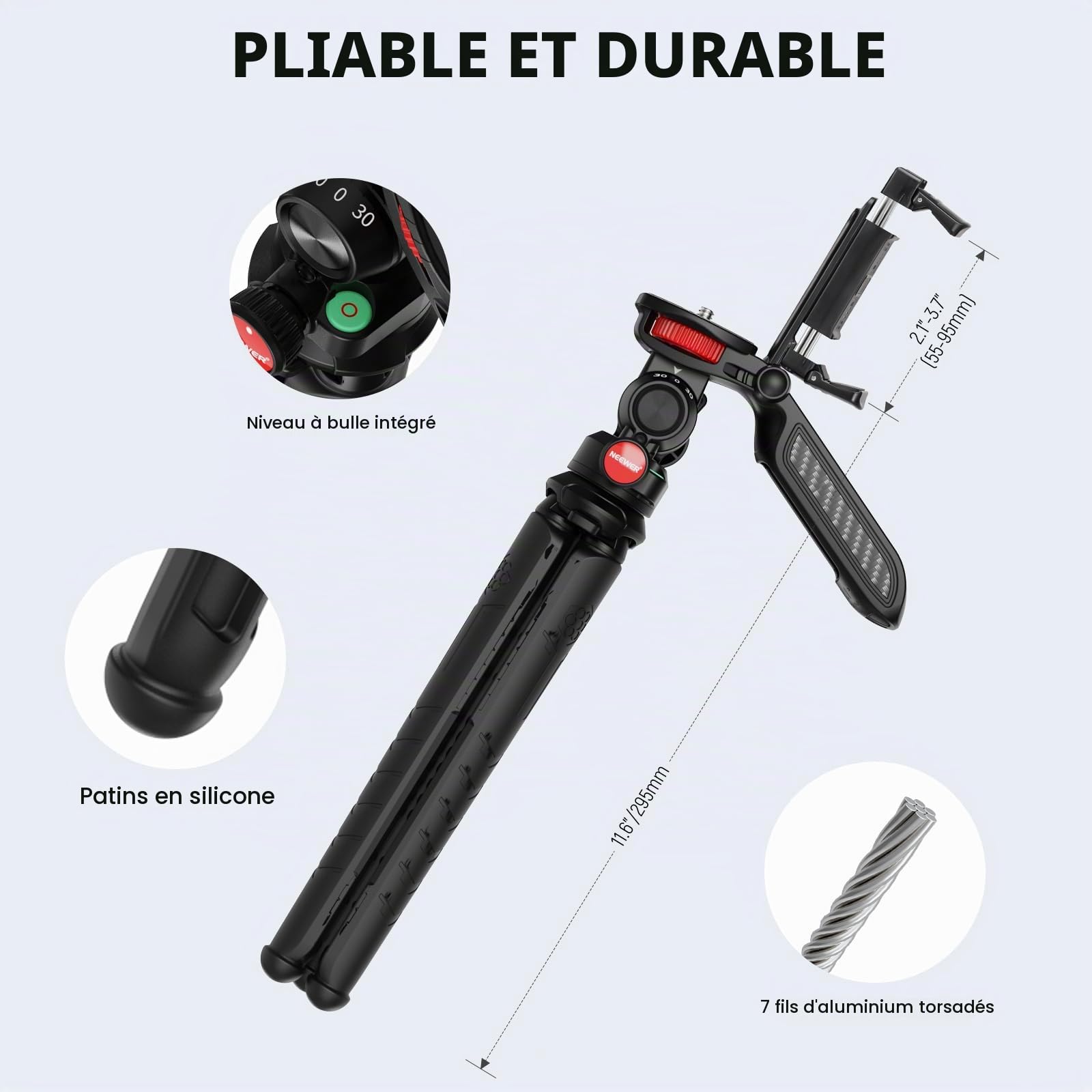 NEEWER Trépied Flexible Télécommande/Poignée/Support Téléphone/Adaptateur Action Cam, Mini Trépied Smartphone Vlog Selfie Stick Universel Compatible avec iPhone GoPro Hero 13 12 11 10 Samsung, TP36