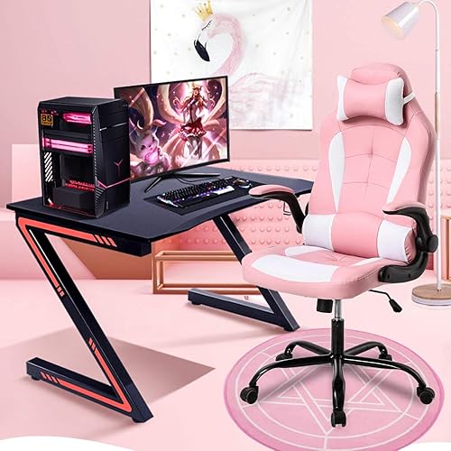Miniatura 6 de Silla de oficina o para videojuegos, silla de escritorio con soporte lumbar, brazos abatibles y reposacabezas, giratoria, ajustable, de cuero