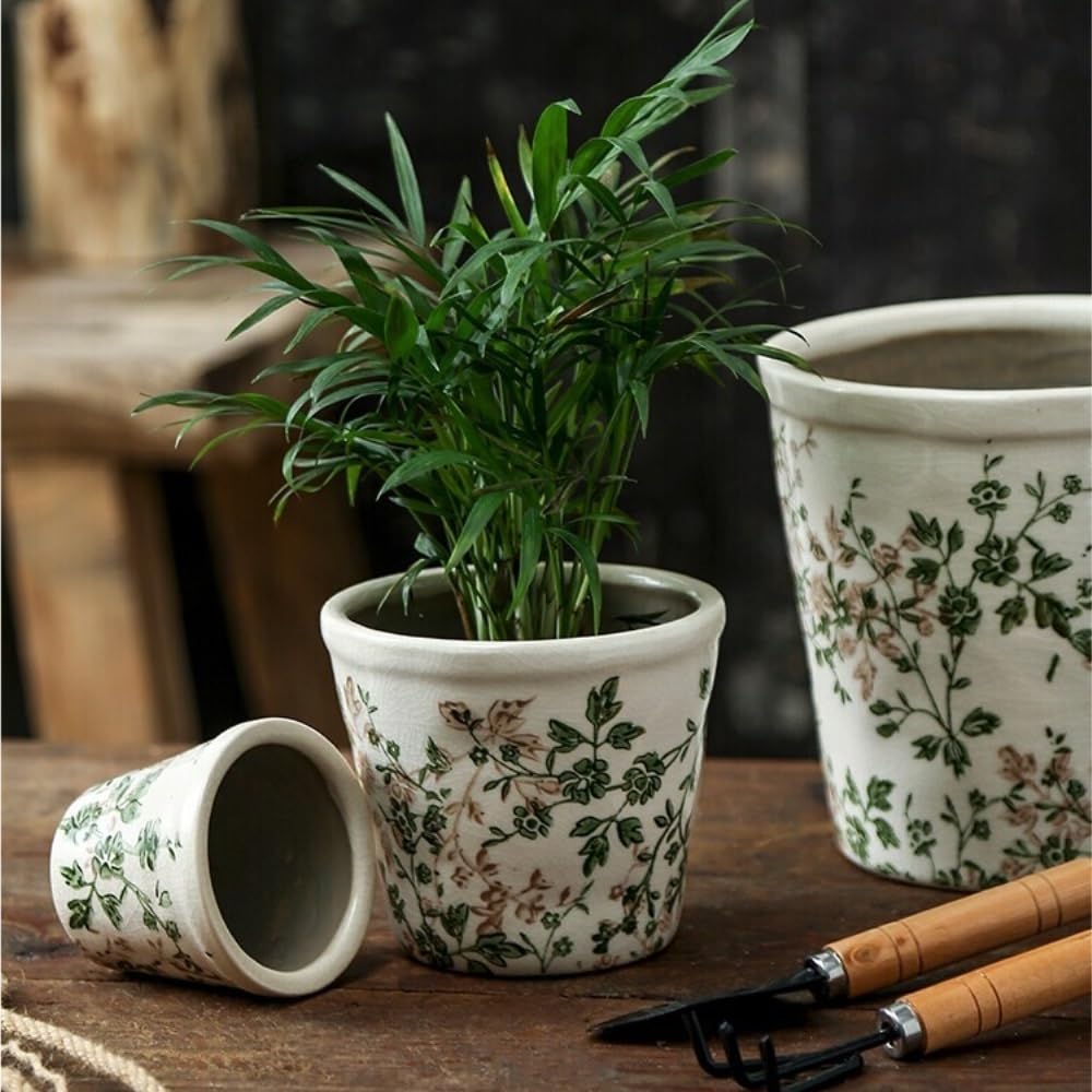 Fioriera in ceramica con vassoio in plastica con foro di drenaggio, vaso for piante da interno/esterno(Large)