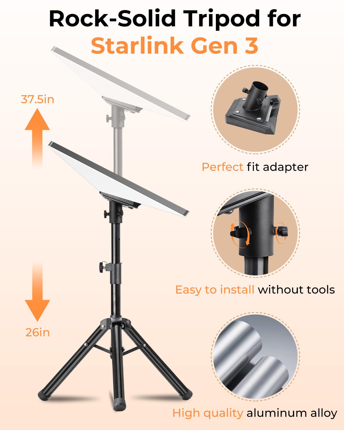 Starlink Gen 3 Mount with Adapter, Starlink Mount Compatible with Starlink Mounting Kit, Adjustable Height Starlink Tripod Stand for Gen 3, Starlink Stand with Stability for Outdoor Camping, RV