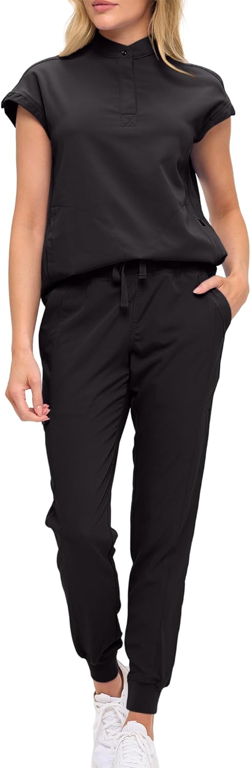 Womens Jogger Scrub Set with Oversized Scrub Top with Mandarin Collar. Supreme Comfort Scrub Set for Women