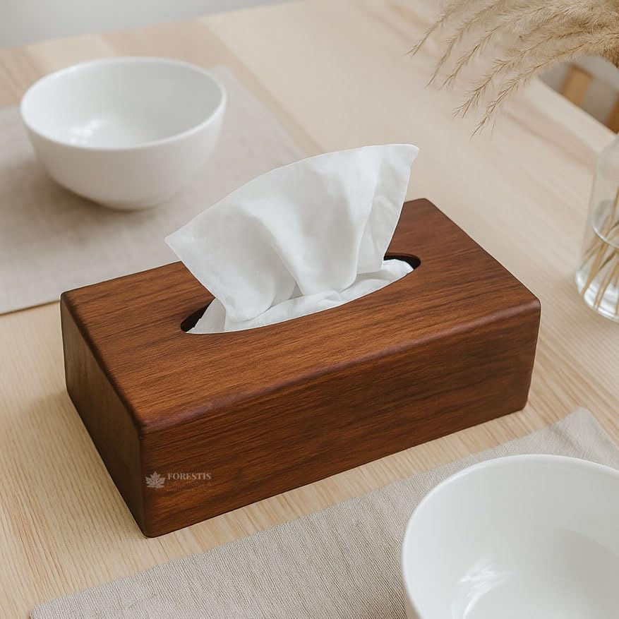 Image of Wooden Tissue Box| Rosewood Napkin Box| Tissue Holder Organizer for Table, Home, Office, Car| Rectangular Facial Paper Cloth Storage Case| Dispenser (9X5 Inches, Rosewood Plain)