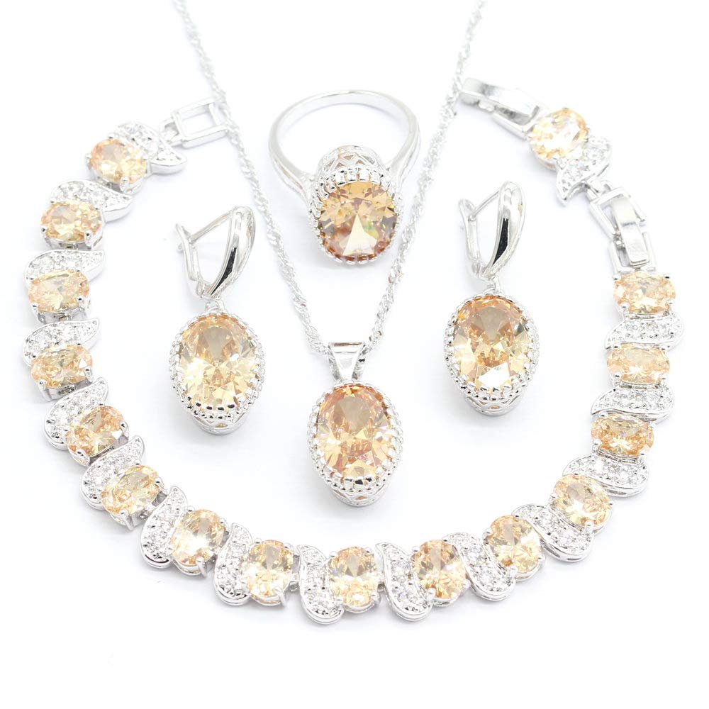 Aixili Oval Champagne Orange Cubic Zirconia Jewelry Set for Women with Bracelet Necklace Pendant Earring Ring Wedding Party Fashion Jewelry