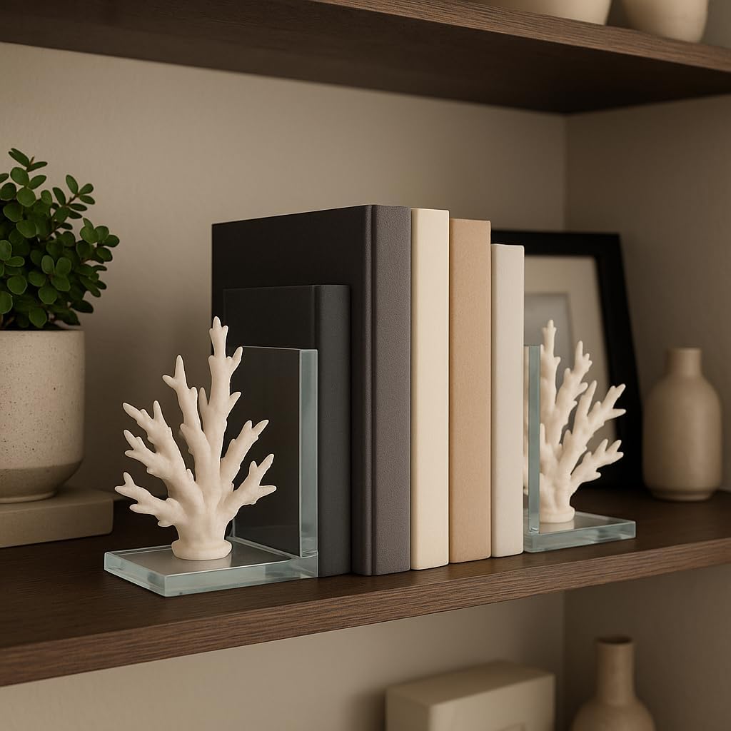 Decorative Coral on Glass Bookends - Coastal Inspired Book Ends for Bookshelf Decor or Book Accessories - Modern Office Desk Accent, Home Library, or Entryway Home Decor - Set of 2, 7.25", White