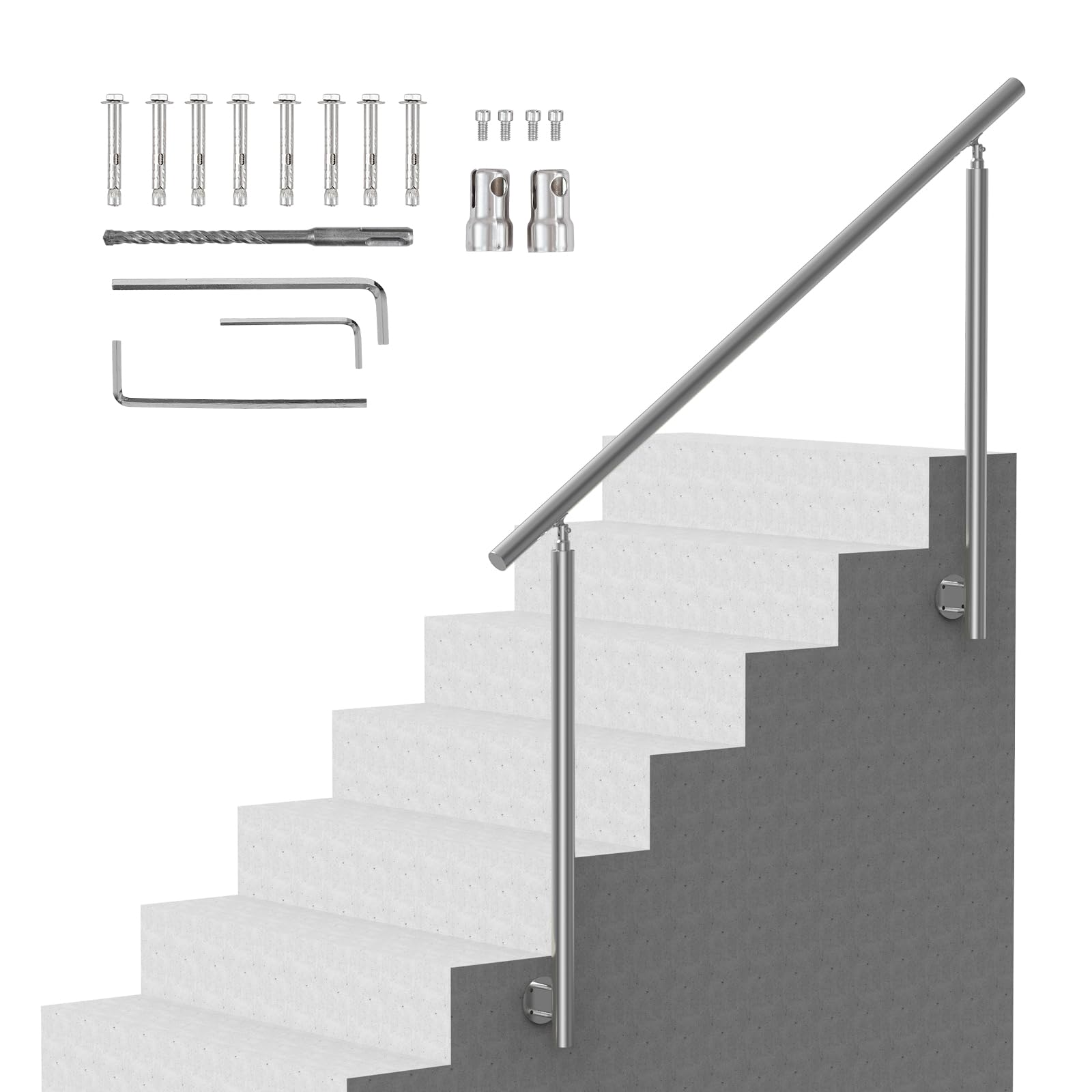 VEVOR Barandilla de Escalera 150 cm Pasamanos Escalera de Transición Exterior de Acero Inoxidable Kit de Instalación Montaje Lateral Barra de Soporte de Doble Columna para Casa, Porche, Terraza