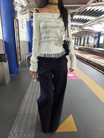KMBANGI Women Y2K Graphic Long Sleeve Top Off Shoulder Music Score Tee Shirt Aesthetic Fairy Grunge T-Shirt 90s Streetwear