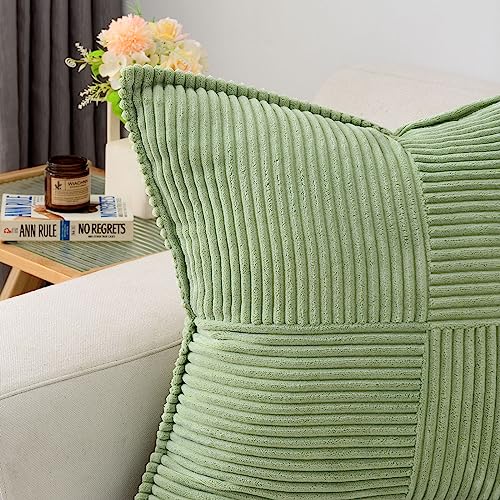 HAUSSY Sage Green Throw Pillow Covers 20x20 Inch Set of 2,Soft Solid Corduroy Striped/Wide Bordered,Square Decorative Cushion Case,Spring Home Decorations for Couch,Bed by HAUSSY - Image 2