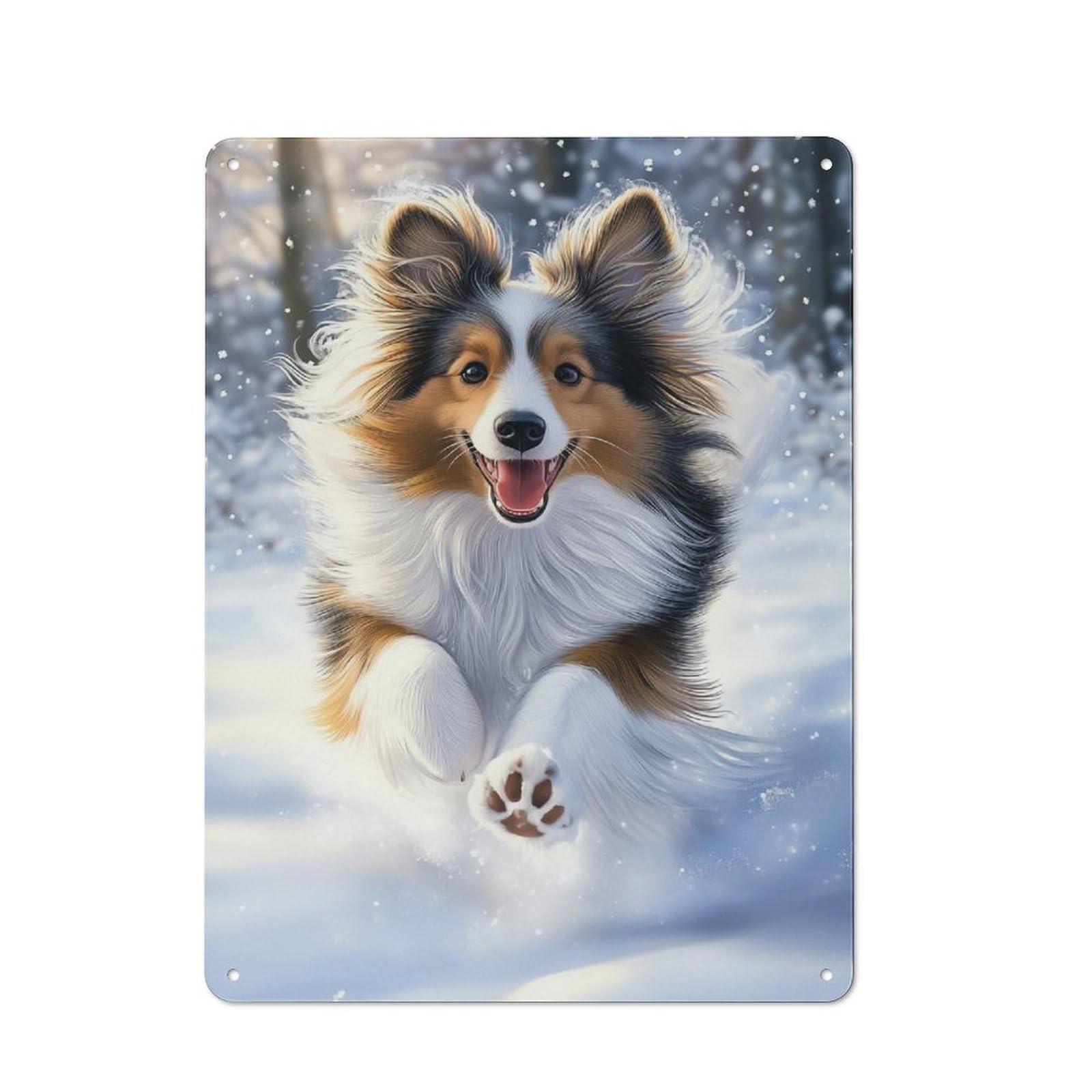 Junmoney Style-17 Rustic Decorative Metal Sign 40X30cm Featuring Shetland Sheepdog Running In Snow, Kitchen Wall Decor For Kitchen, Cafe, Pantry Or Dining Room
