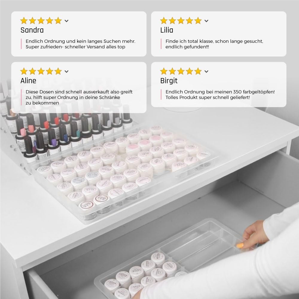 Sortierbox groß 5 Stück + GRATIS GESCHENK als Ordnungsystem und Aufbewahrungsbox stapelbar für Nageldesign Gel Tiegel, Farbgel, Gellack, Nailart in transparent aus Plastik · Lynis-Nailshop.de