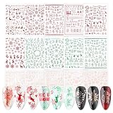 FLOFIA 15 Blatt Gold Rot Grün Nagelsticker Weihnachten Selbstklebend Nagelaufkleber Weihnachten Nail Art Tipp Sticker Decals DIY Dekoration für Damen Mädchen Fingernägel Tattoo