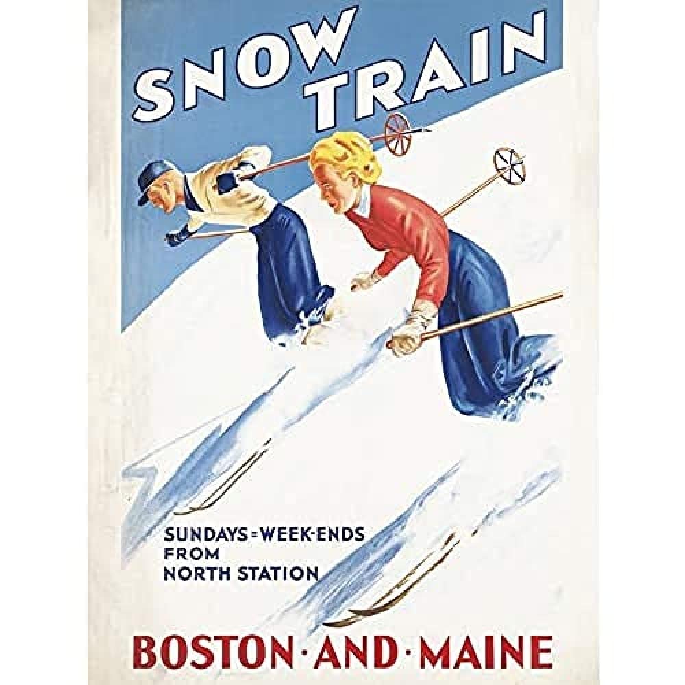 Boston Maine Snow Train Skiing Winter Snow Advert Art Print Canvas Premium Wall Decor Poster Mural