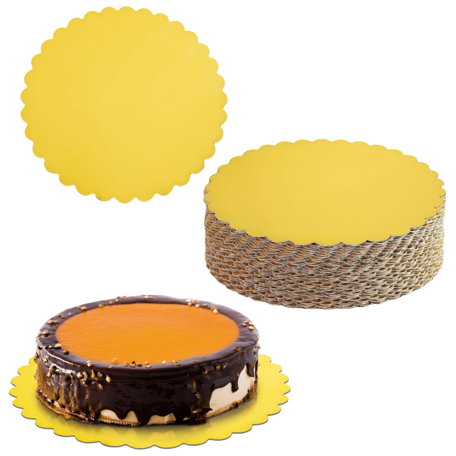 KoMvzyl 50 Pack Gold Cake Boards, 10 inch Scallop Edge, Disposable Cardboard Rounds, Grease Proof, Perfect for Cake Decorating, Valentine's Day, Weddings, Birthdays