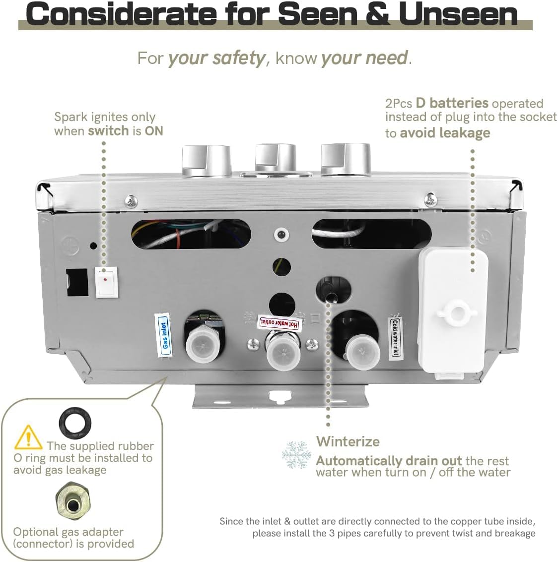 Scaldacqua a Gas, scaldabagno a gas propano GPL 6L con kit doccia, con modalità inverno ed estate, scaldabagno istantaneo senza serbatoio 16kw, per casa ed esterno (B)