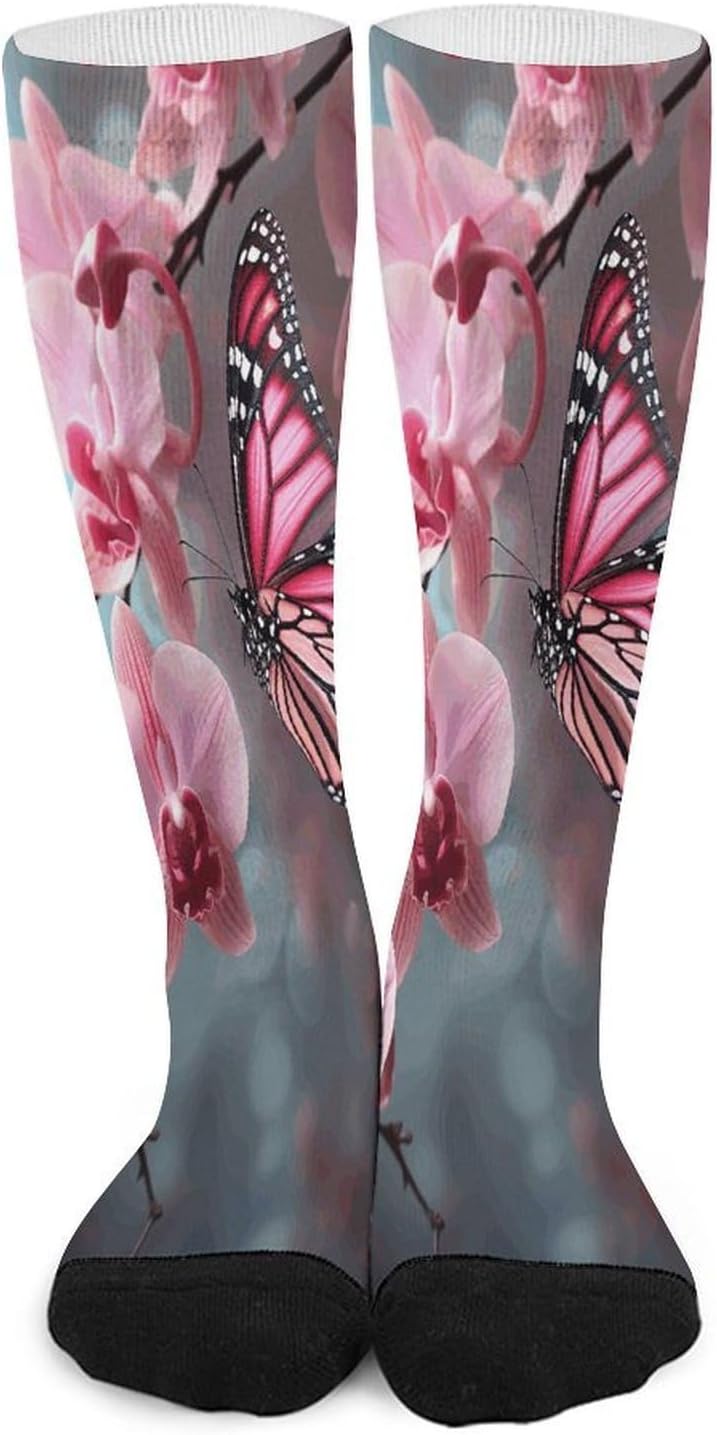 Orchid Flower Butterfly Soft Fresh Spring Mid-Calf Socks Women Warm Knee High Socks Cozy Hiking Skiing Soft Boot Mid Calf Stocking Unisex