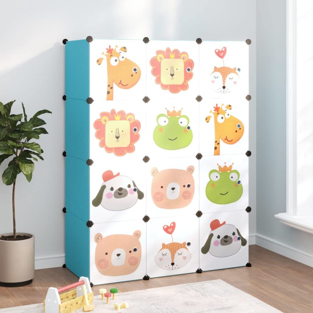 Modular Kinderschrank mit 12 blauen Würfeln aus PP Kunststoff stabiles Kinderregal mit Stauraum Kinderzimmer Ordnungssystem einfache Montage