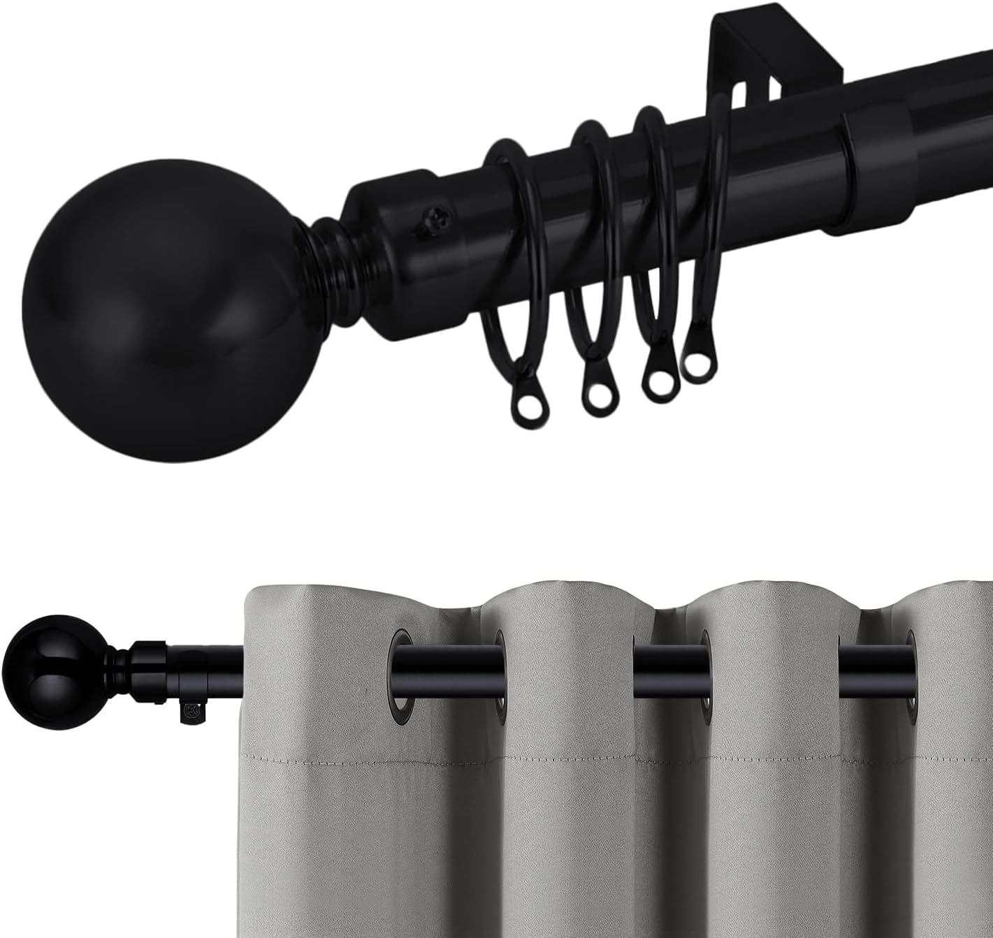 Hafaa Curtain Poles 6 Pack Plain Metal Ball Adjustable Decorative Window Curtain Pole Includes 120 to 210 cm Extendable Curtain Rod, 60mm Size Finials, Rings, Brackets & Fittings Set, Matte Black — image 1