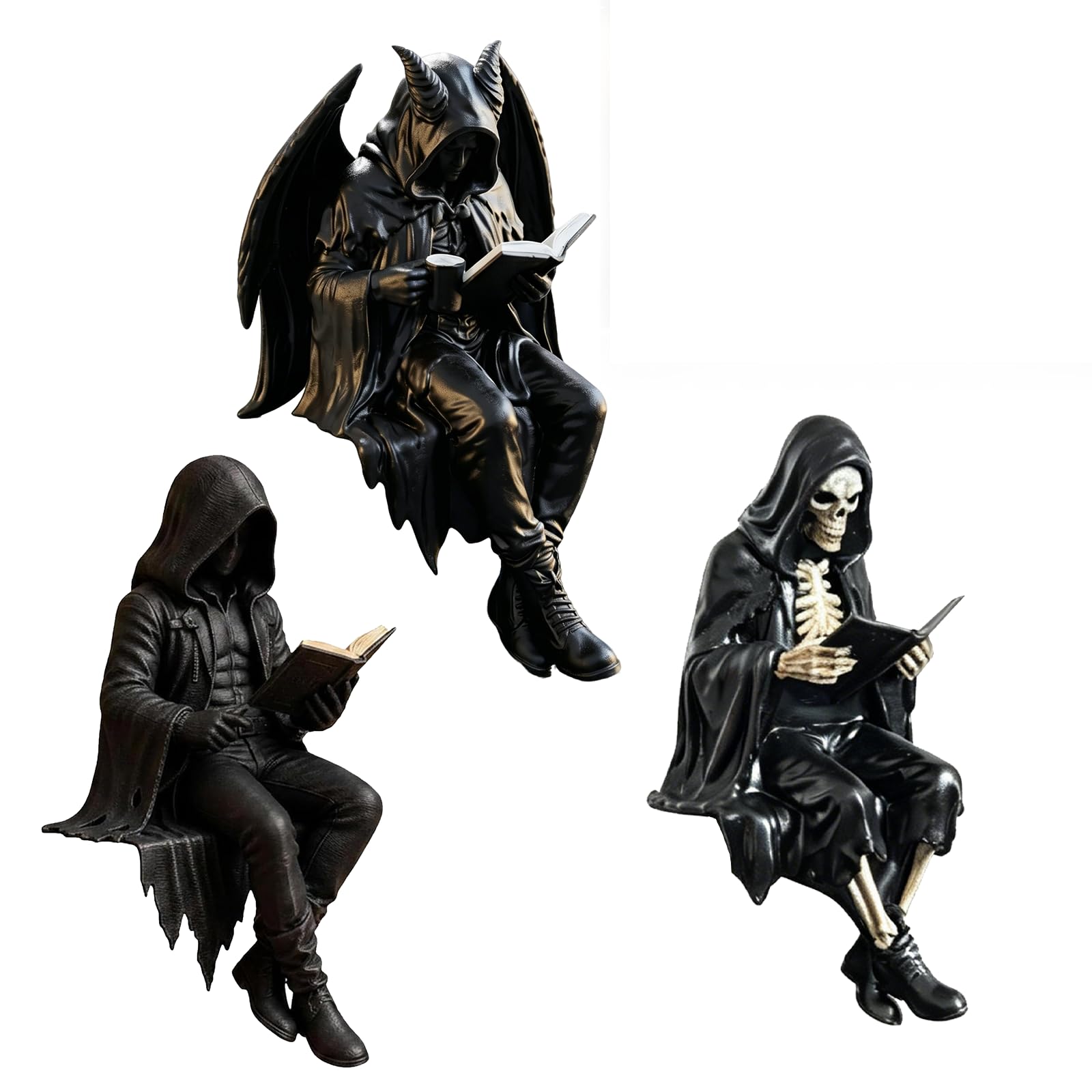 OEHUG Gothic Dark Fantasy Figure,Gothic Skeleton Hooded Reader Statue (ABC)