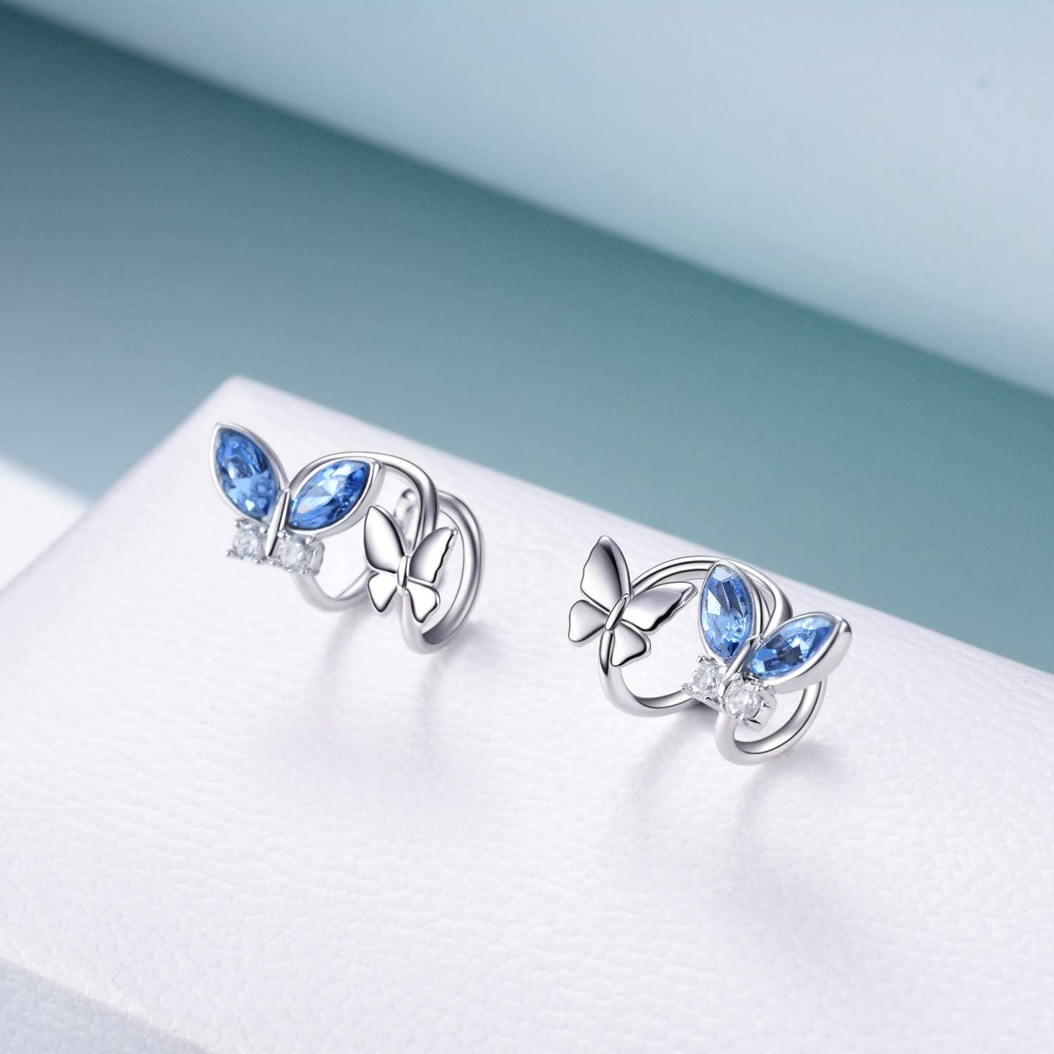 AOBOCO Sterling Silver Cuff Earrings for Non Pierced Ears, Crystals from Austria, Birthday Christmas Jewelry Gifts for Women Girls