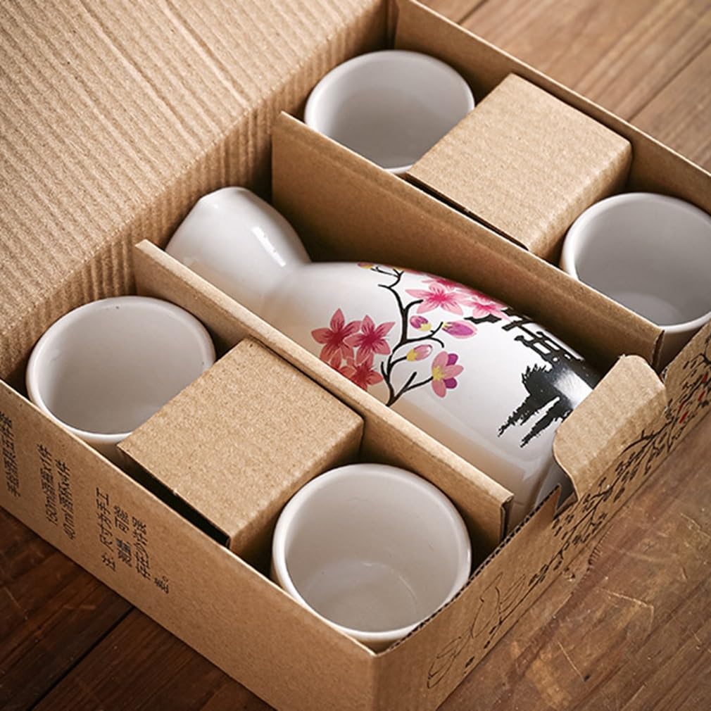 lachineuse - Servizio tradizionale per sake - Pagoda e fiori di ciliegio - con 4 ciotole e caraffa - Regalo per piatti asiatici - Servizio sake tradizionale porcellana Giappone - Idea regalo Asia