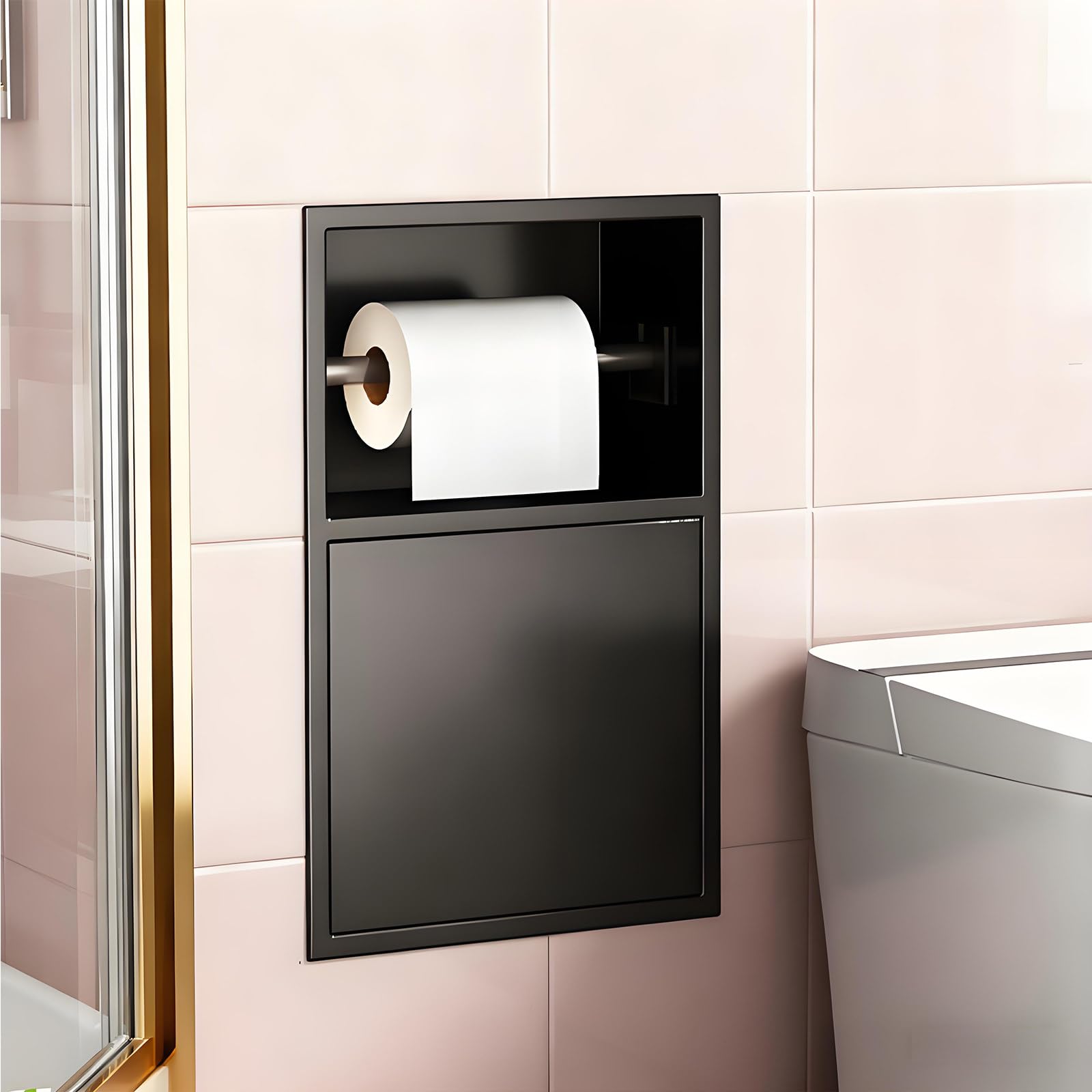 Recessed Toilet Paper Holder with Built-In Trash Can, Space-Saving Rack, Waterproof Organizer for Bathroom