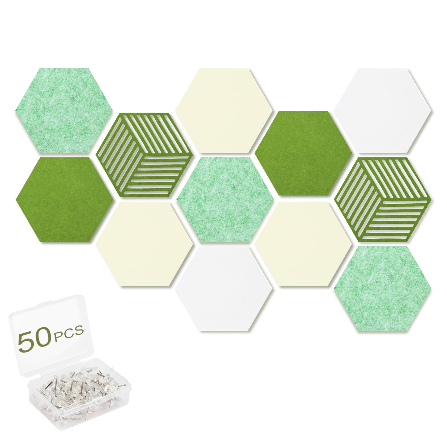 Acidea 12Pcs Hexagon Felt Cork Boards for Walls, Green Self-Adhesive DIY Bulletin Board Titles Vision Board with 50 Push Pins,Pin Board for Office School Home Wall Decor Stickers Photos Display Memos