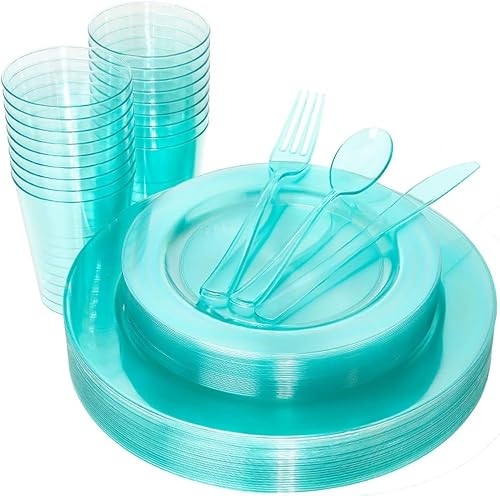 WDF 25 Guest Green Plastic Plates with Disposable Silverware&Green Cups-Neon Clear Plastic Dinnerware include 25 Dinner & Salad Plates,25 Forks, 25 Knives, 25 Spoons,25 Cups for Party