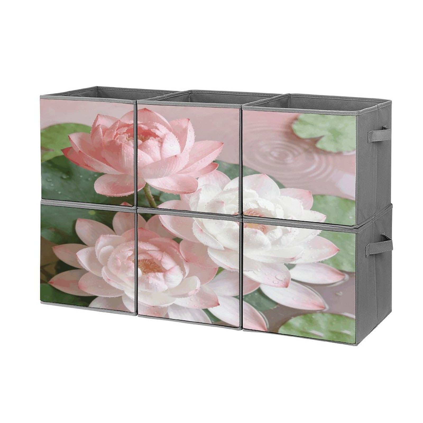Fodpand Style Pink And White Lotus Flower Cube Bins With Double Handles,Set Of 6 Cube Organizer, Stackable And Foldable Storage Bins For Organization, Closet, Shelves, Offices