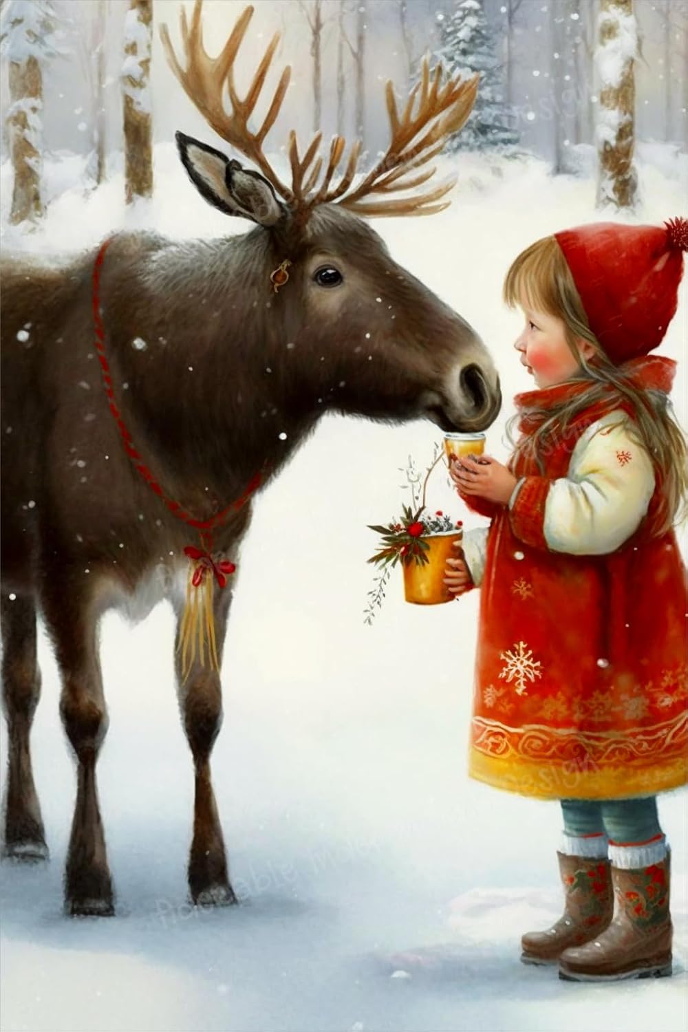 Christmas Deer And Girl HD Printed Oil Painting Poster