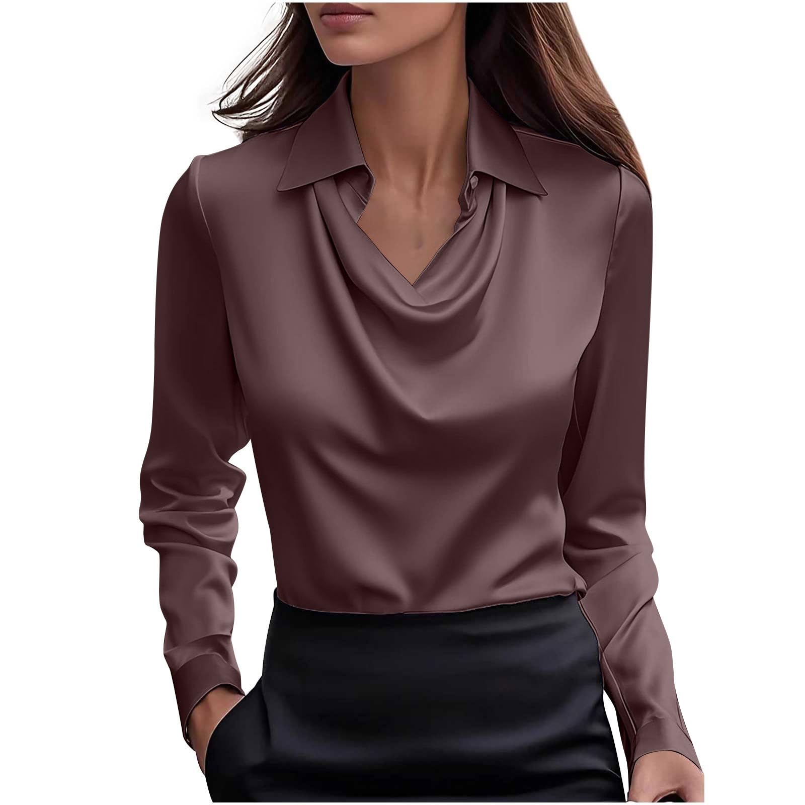 Womens Elegant Satin Silk Blouse Cowl Neck Ruched Front Draped Long Sleeve Work Office Shirt Fall Tops for