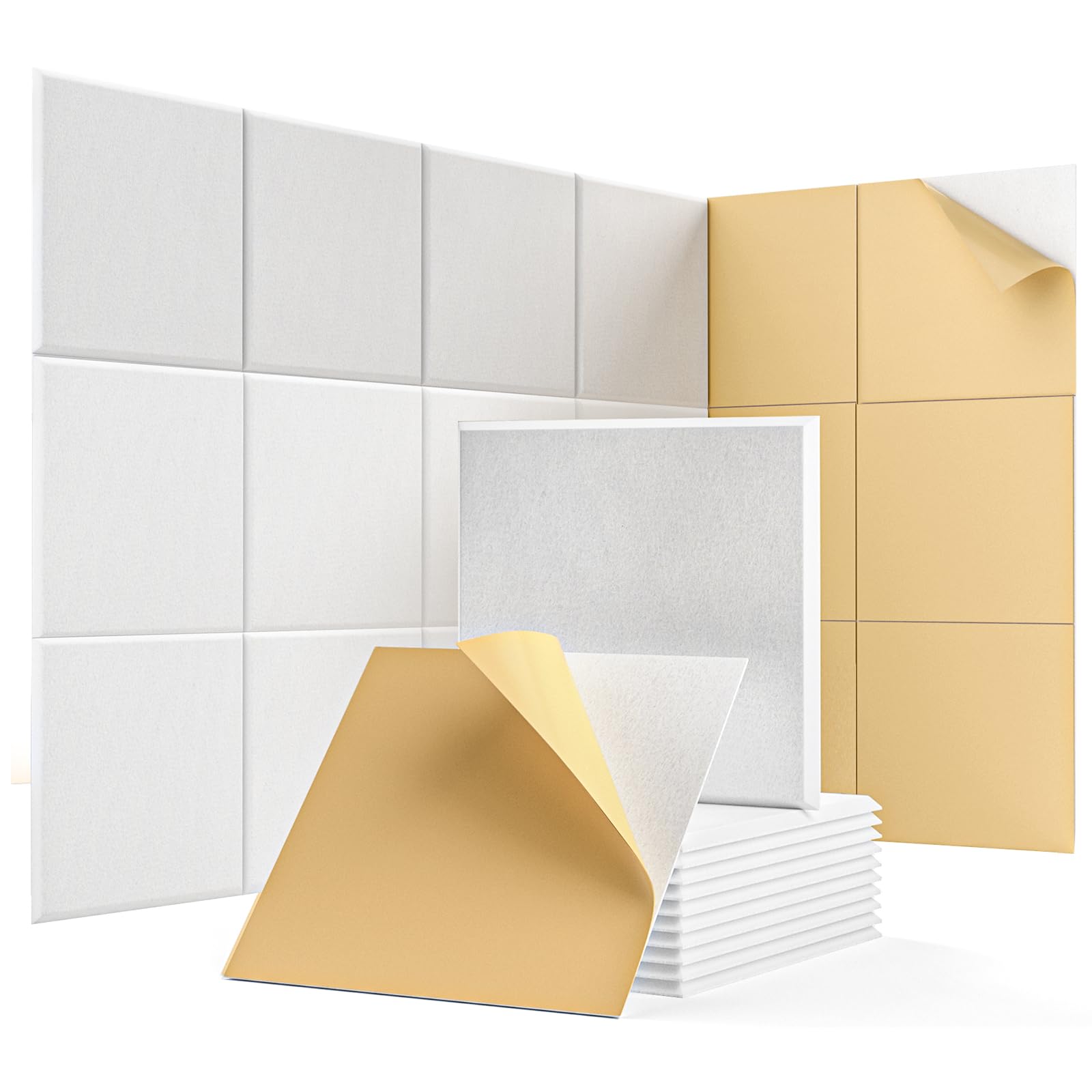 Kuchoow Paneles de pared insonorizados, paquete de 18 paneles acústicos blancos de 12 x 12 x 0.4 pulgadas, paneles de absorción de sonido, paneles de tratamiento acústico de alta densidad para estudio