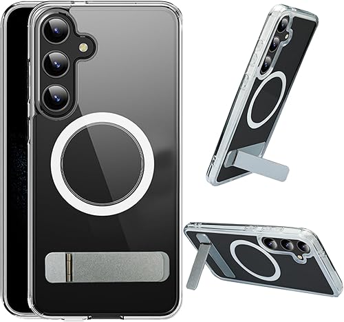 Hiooloon Funda magnética transparente para Samsung Galaxy S24 Plus, compatible con MagSafe, soporte de metal integrado de 3 vías soporte horizontal