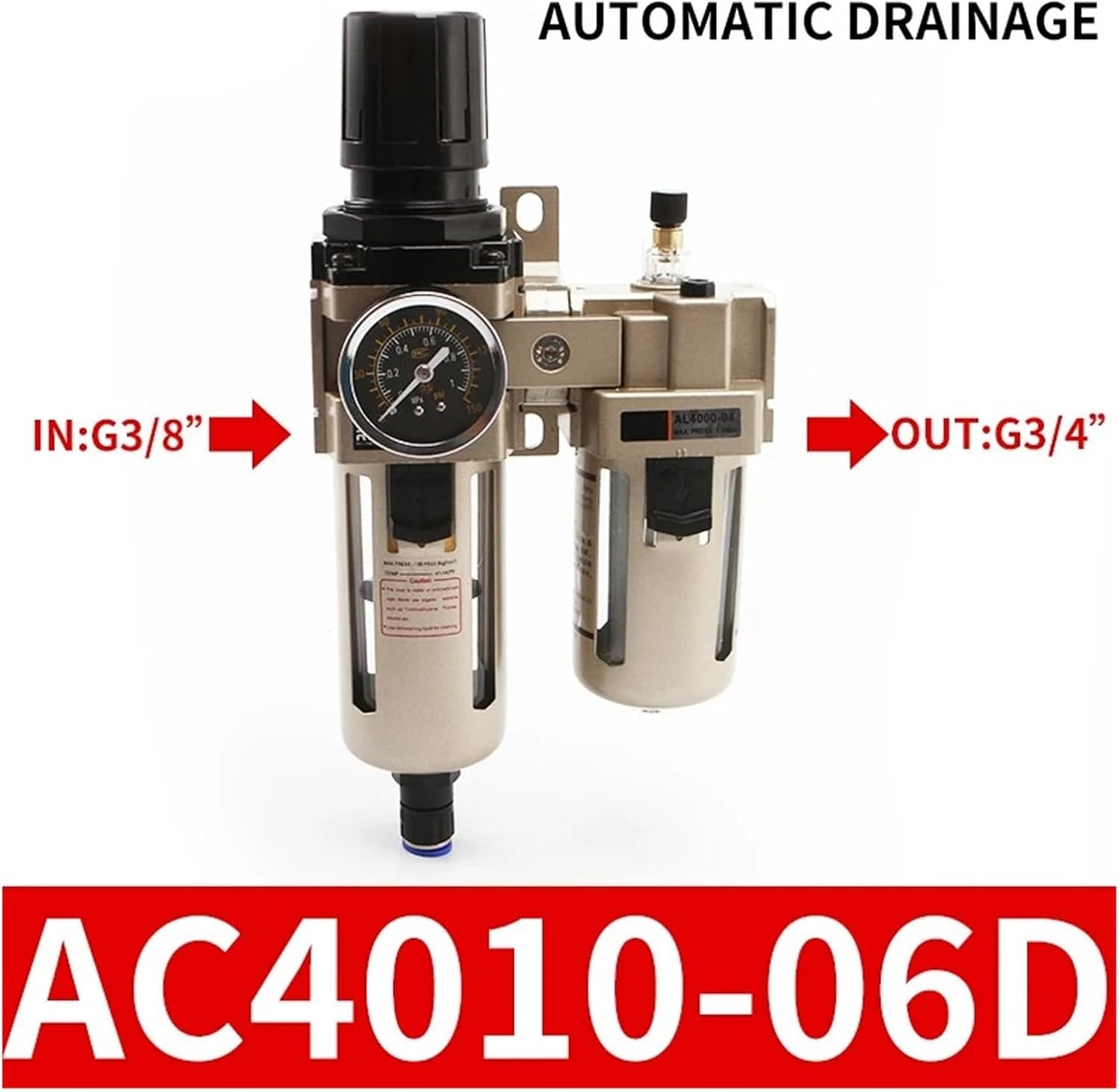 AC4010-04, AC4010-04D, AC4010-06, AC4010-06D Pneumatic Pressure regulating Filter with Lubricator, Oil-Water Separator, air Source Treatment Device(AC4010-06D)