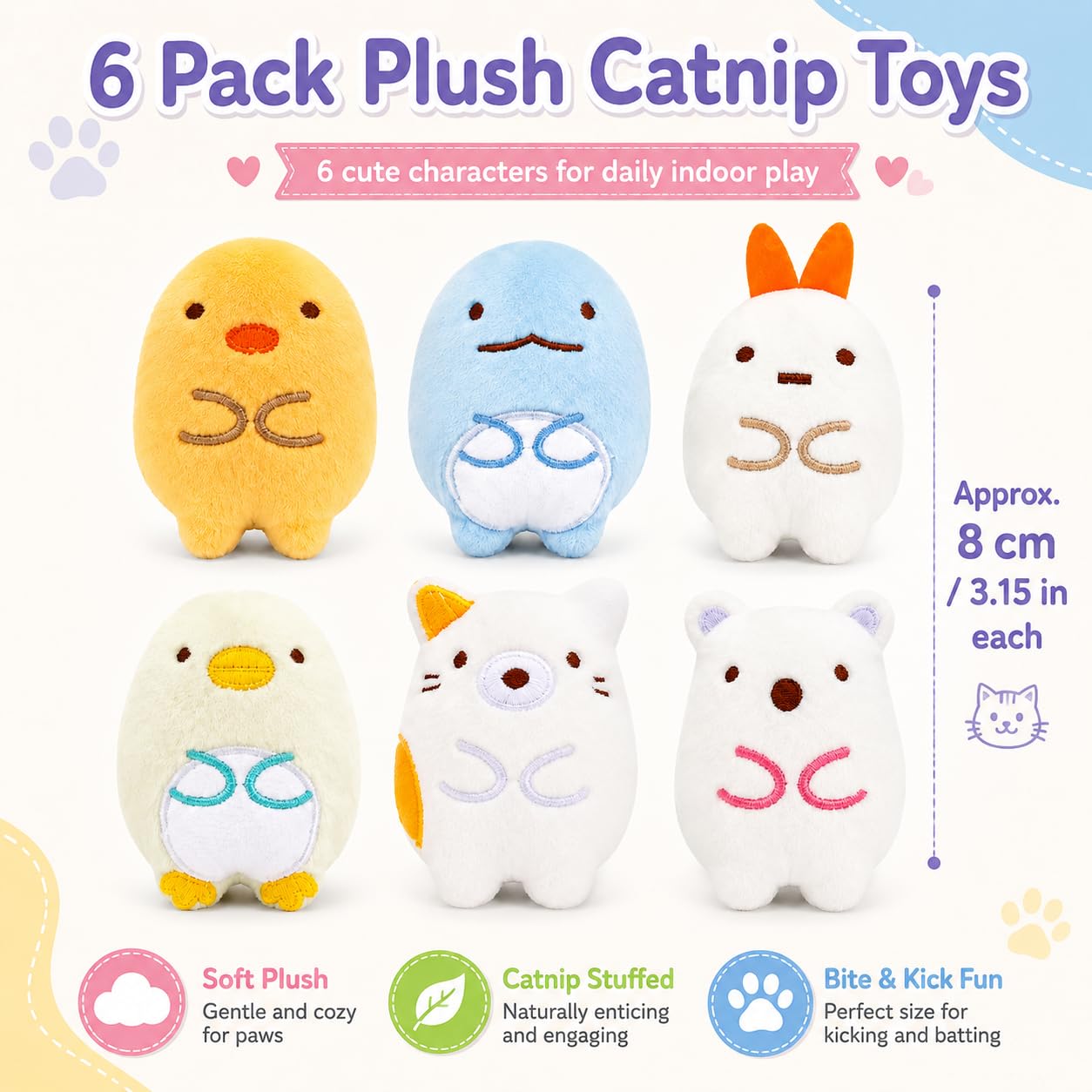 Lot de 6 jouets interactifs en peluche à mâcher pour chat d'intérieur - Jouets à mâcher - Soulage le stress - Cadeaux pour les amoureux des chats
