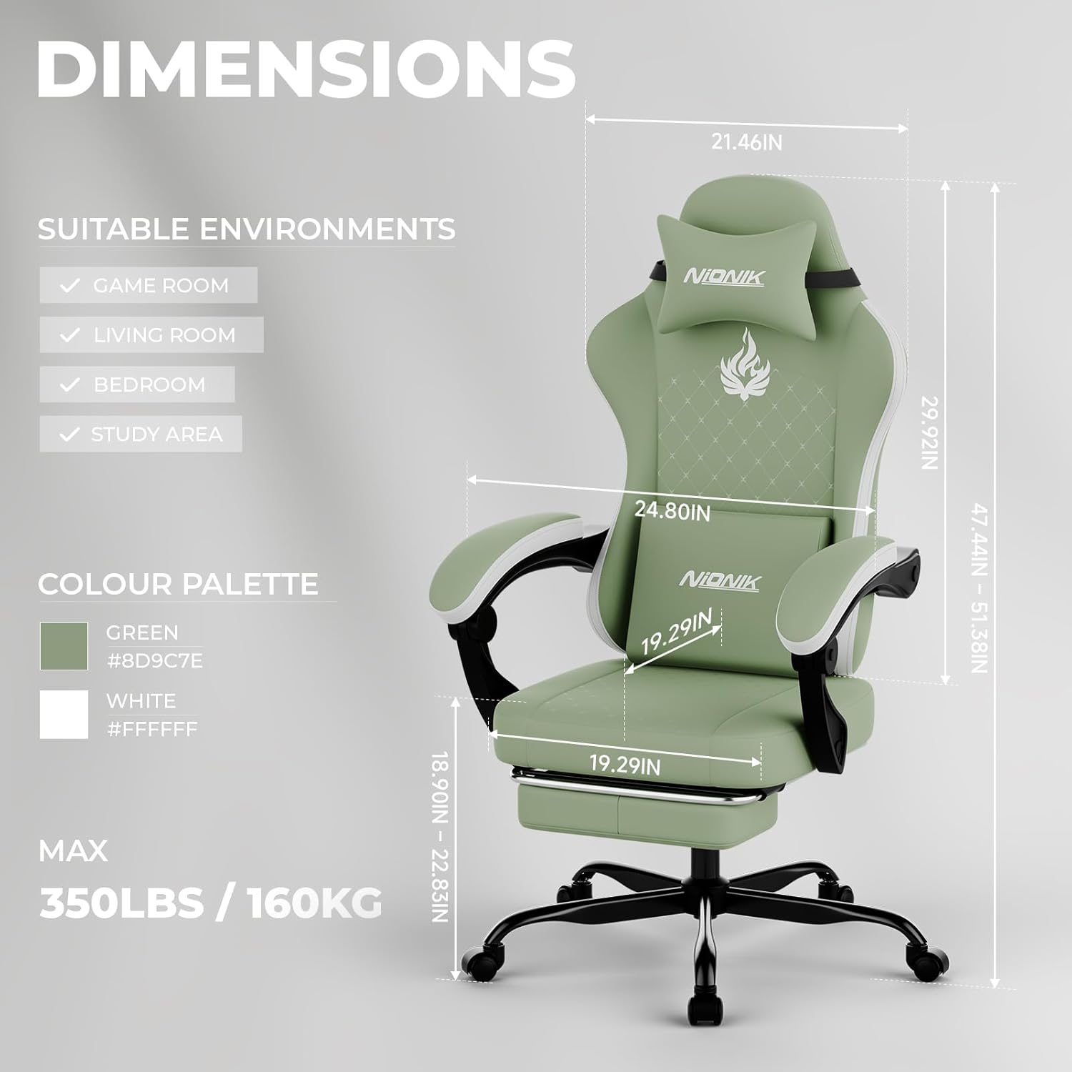 Gaming Chair with Massage,Ergonomic PC Gaming Chair Computer Chairs with Footrest Comfortable Headrest and Lumbar Support, High Back GREENWHITE