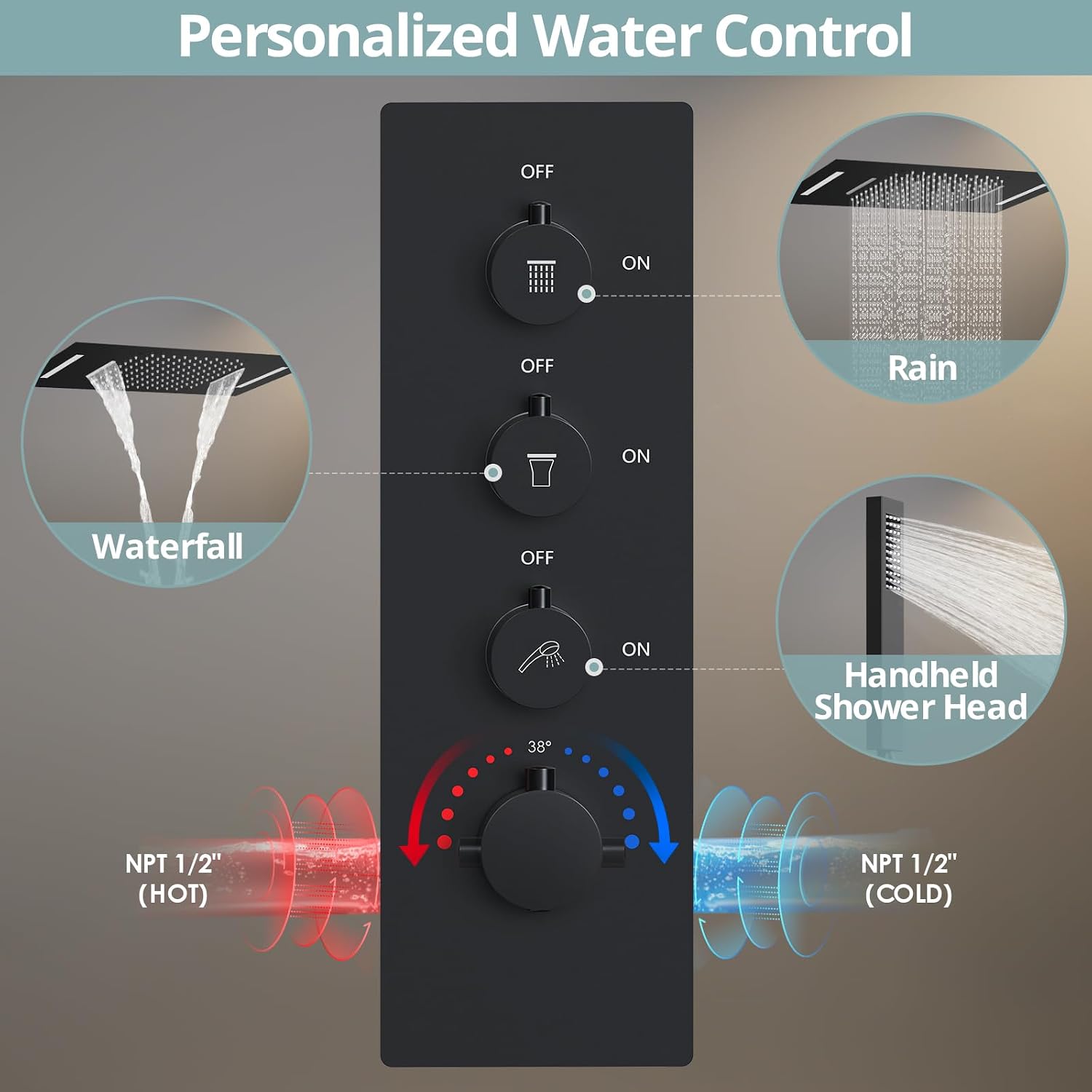 Rainfall & Waterfall LED Shower System: Aposhion 23 * 15" 64 Color LED Dual Function Shower Head with Handheld Sprayer, Bathroom Ceiling Mount Thermostatic Shower Faucet Set with Valve, Matte Black
